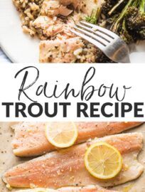 This fool-proof recipe for Baked Rainbow Trout takes just 20 minutes. It’s a great way to serve a healthy dinner with terrific flavors of lemon, garlic, and herbs—but minimal effort.