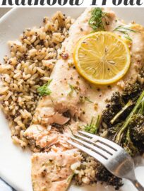 This fool-proof recipe for Baked Rainbow Trout takes just 20 minutes. It’s a great way to serve a healthy dinner with terrific flavors of lemon, garlic, and herbs—but minimal effort.