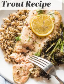 This fool-proof recipe for Baked Rainbow Trout takes just 20 minutes. It’s a great way to serve a healthy dinner with terrific flavors of lemon, garlic, and herbs—but minimal effort.