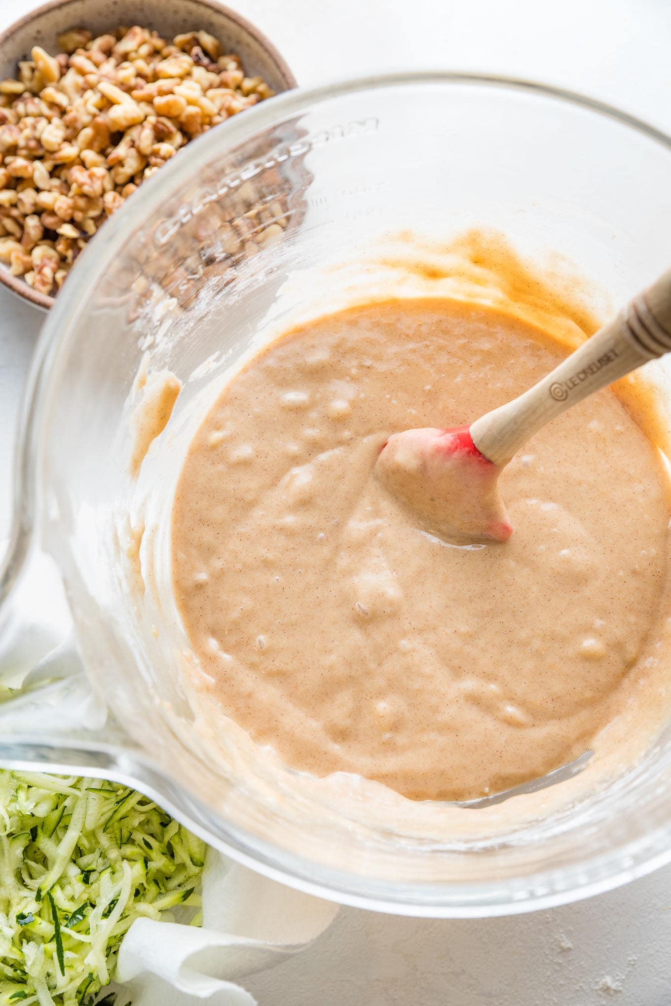 Smooth muffin batter made with overripe bananas.