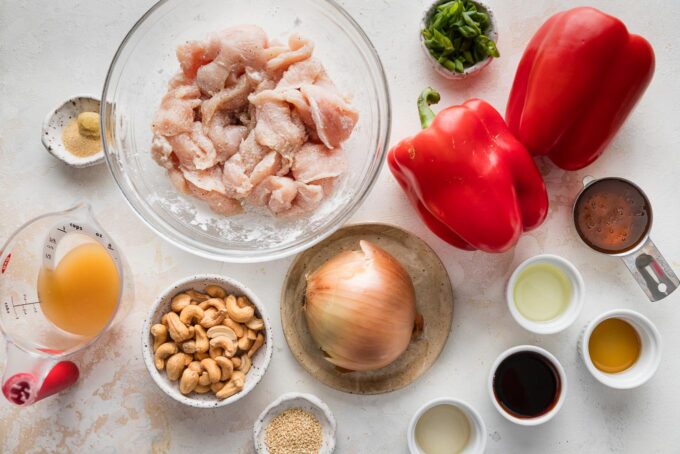 Flat lay photo of ingredients for a quick homemade chicken pepper stir fry.