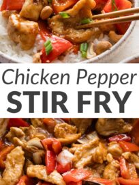 This stir fry with chicken and bell peppers is fast, flavorful, and approachable, thanks to a base of everyday ingredients. Bite-sized pieces of chicken are velveted for a tender effect, paired with tender-crisp chunks of pepper and onion, and finished with a homemade sauce that is perfectly tangy and sweet at once. Serve with rice or noodles for a quick take-out fake-out you'll be proud to have made at home.