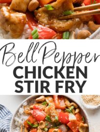 This stir fry with chicken and bell peppers is fast, flavorful, and approachable, thanks to a base of everyday ingredients. Bite-sized pieces of chicken are velveted for a tender effect, paired with tender-crisp chunks of pepper and onion, and finished with a homemade sauce that is perfectly tangy and sweet at once. Serve with rice or noodles for a quick take-out fake-out you'll be proud to have made at home.
