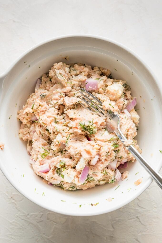 Meatball mixture blended with a fork.