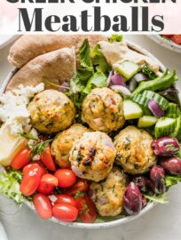 Tender, versatile Greek Chicken Meatballs are easy to make and packed with delicious Mediterranean flavors. Serve in bowls, salads, or pita with your favorite veggies and drizzles of tzatziki or homemade Greek dressing. I love to bake them for the hands-off convenience, but they're easy to pan fry, as well.