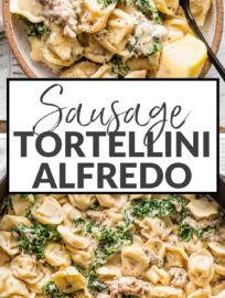 This recipe for Sausage Tortellini Alfredo is pure comfort food: creamy, delicious, and so easy to make. It's ready in about 30 minutes and has incredible flavor thanks to Italian sausage, tender cheese tortellini, and a smidge of fresh kale and lemon.