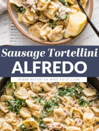 This recipe for Sausage Tortellini Alfredo is pure comfort food: creamy, delicious, and so easy to make. It's ready in about 30 minutes and has incredible flavor thanks to Italian sausage, tender cheese tortellini, and a smidge of fresh kale and lemon.