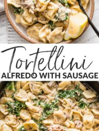 This recipe for Sausage Tortellini Alfredo is pure comfort food: creamy, delicious, and so easy to make. It's ready in about 30 minutes and has incredible flavor thanks to Italian sausage, tender cheese tortellini, and a smidge of fresh kale and lemon.