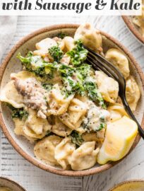 This recipe for Sausage Tortellini Alfredo is pure comfort food: creamy, delicious, and so easy to make. It's ready in about 30 minutes and has incredible flavor thanks to Italian sausage, tender cheese tortellini, and a smidge of fresh kale and lemon.