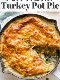 Make this no-fuss Turkey Pot Pie with flaky puff pastry to transform leftover turkey into a delicious dinner that feels new. Or, make it with shredded roasted or rotisserie chicken for easy anytime comfort food.