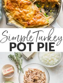 Make this no-fuss Turkey Pot Pie with flaky puff pastry to transform leftover turkey into a delicious dinner that feels new. Or, make it with shredded roasted or rotisserie chicken for easy anytime comfort food.