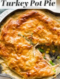 Make this no-fuss Turkey Pot Pie with flaky puff pastry to transform leftover turkey into a delicious dinner that feels new. Or, make it with shredded roasted or rotisserie chicken for easy anytime comfort food.
