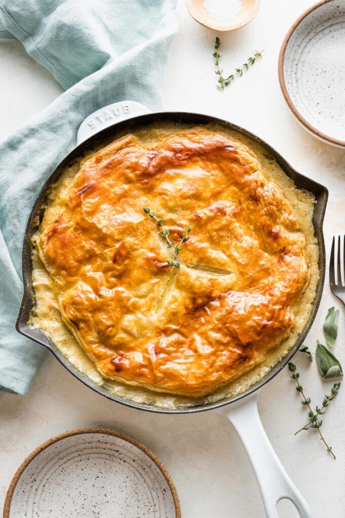 Turkey pot pie with a puff pastry top, just out of the oven and ready to serve.