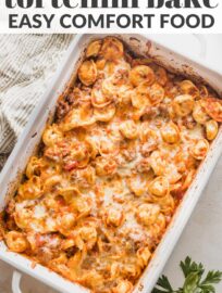 Crowd-pleasing baked tortellini is a delicious cheesy casserole with extra oomph thanks to an easy yet flavorful tomato and meat sauce. With fewer than 10 ingredients and about 10 minutes of prep, this is a terrific way to deliver a hot meal on busy nights. It's easy to make ahead, too.