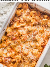 Crowd-pleasing baked tortellini is a delicious cheesy casserole with extra oomph thanks to an easy yet flavorful tomato and meat sauce. With fewer than 10 ingredients and about 10 minutes of prep, this is a terrific way to deliver a hot meal on busy nights. It's easy to make ahead, too.