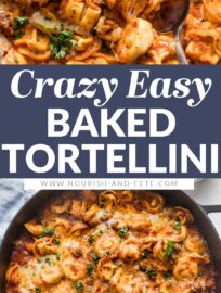Crowd-pleasing baked tortellini is a delicious cheesy casserole with extra oomph thanks to an easy yet flavorful tomato and meat sauce. With fewer than 10 ingredients and about 10 minutes of prep, this is a terrific way to deliver a hot meal on busy nights. It's easy to make ahead, too.