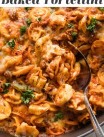 Crowd-pleasing baked tortellini is a delicious cheesy casserole with extra oomph thanks to an easy yet flavorful tomato and meat sauce. With fewer than 10 ingredients and about 10 minutes of prep, this is a terrific way to deliver a hot meal on busy nights. It's easy to make ahead, too.