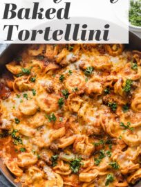 Crowd-pleasing baked tortellini is a delicious cheesy casserole with extra oomph thanks to an easy yet flavorful tomato and meat sauce. With fewer than 10 ingredients and about 10 minutes of prep, this is a terrific way to deliver a hot meal on busy nights. It's easy to make ahead, too.