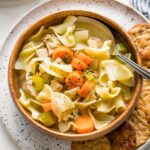 Bowl of quick and easy homemade chicken noodle soup with egg noodles.