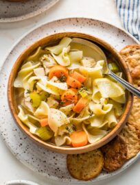 Bowl of quick and easy homemade chicken noodle soup with egg noodles.