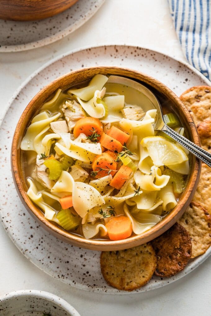 Bowl of quick and easy homemade chicken noodle soup with egg noodles.