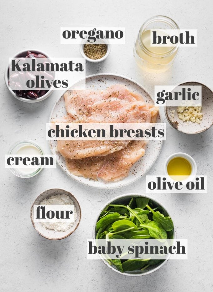 Labeled photo showing chicken breasts seasoned with salt and pepper, dried oregano, Kalamata olives, broth, garlic, olive oil, cream, flour, and baby spinach arranged in prep bowls.