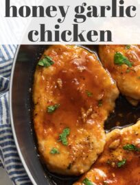 This 20-minute honey garlic chicken skillet has tender, seasoned chicken breasts with an easy-to-make glaze that manages to be sticky and smooth, sweet and savory all at once.