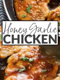 This 20-minute honey garlic chicken skillet has tender, seasoned chicken breasts with an easy-to-make glaze that manages to be sticky and smooth, sweet and savory all at once.