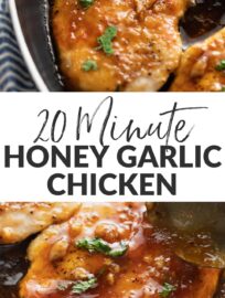 This 20-minute honey garlic chicken skillet has tender, seasoned chicken breasts with an easy-to-make glaze that manages to be sticky and smooth, sweet and savory all at once.