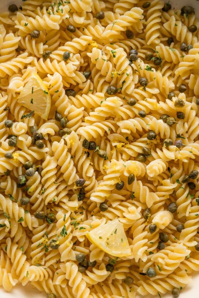 Rotini in a light lemon butter garlic sauce with capers and parsley.