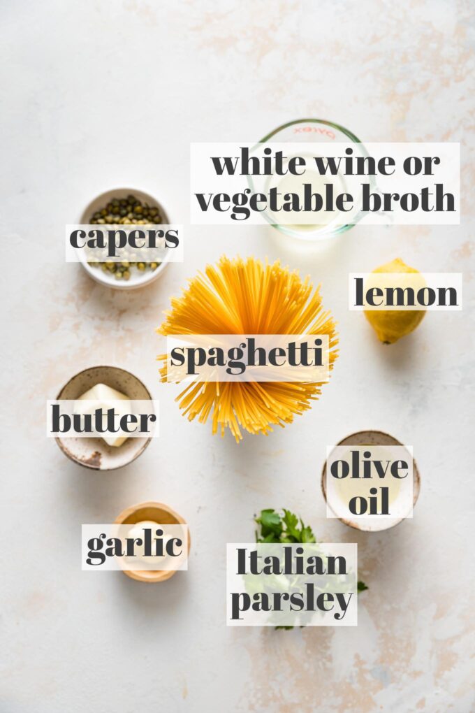 Labeled photo of spaghetti, white wine, capers, lemon, butter, olive oil, garlic, Italian parsley.