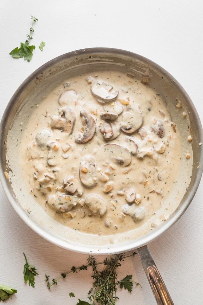 Greek yogurt mixed into the pan sauce to form an Americanized stroganoff.