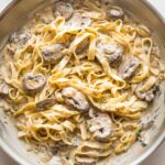 Skillet full of creamy mushroom stroganoff, ready to serve.