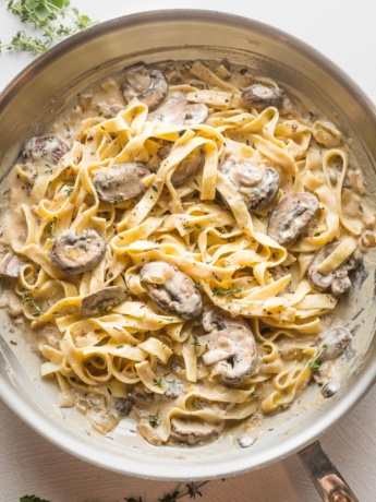 Skillet full of creamy mushroom stroganoff, ready to serve.