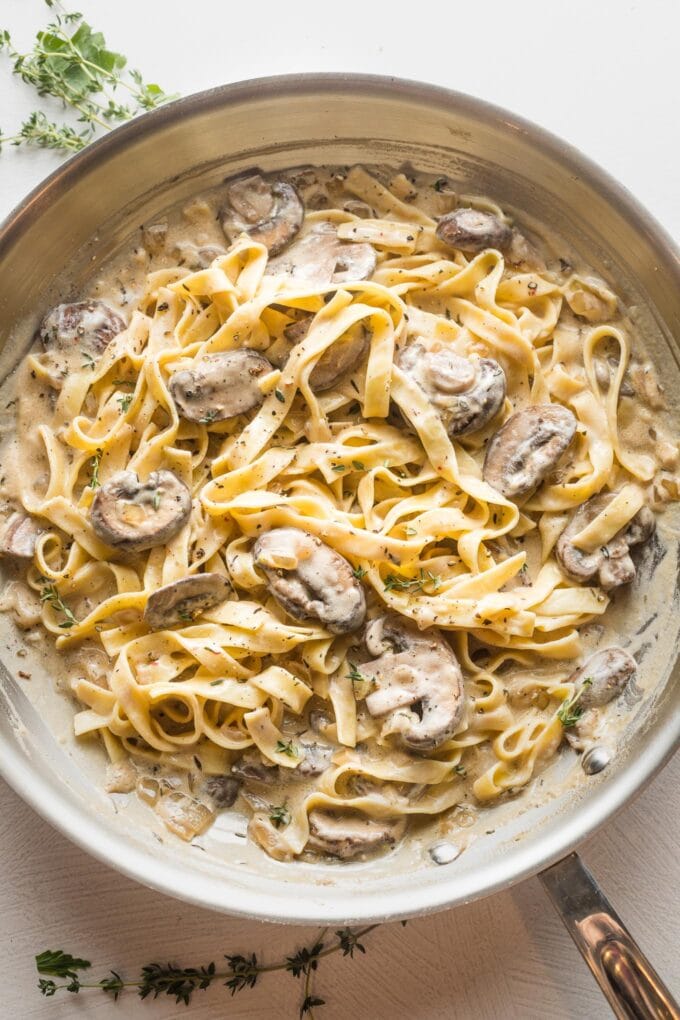 Skillet full of creamy mushroom stroganoff, ready to serve.