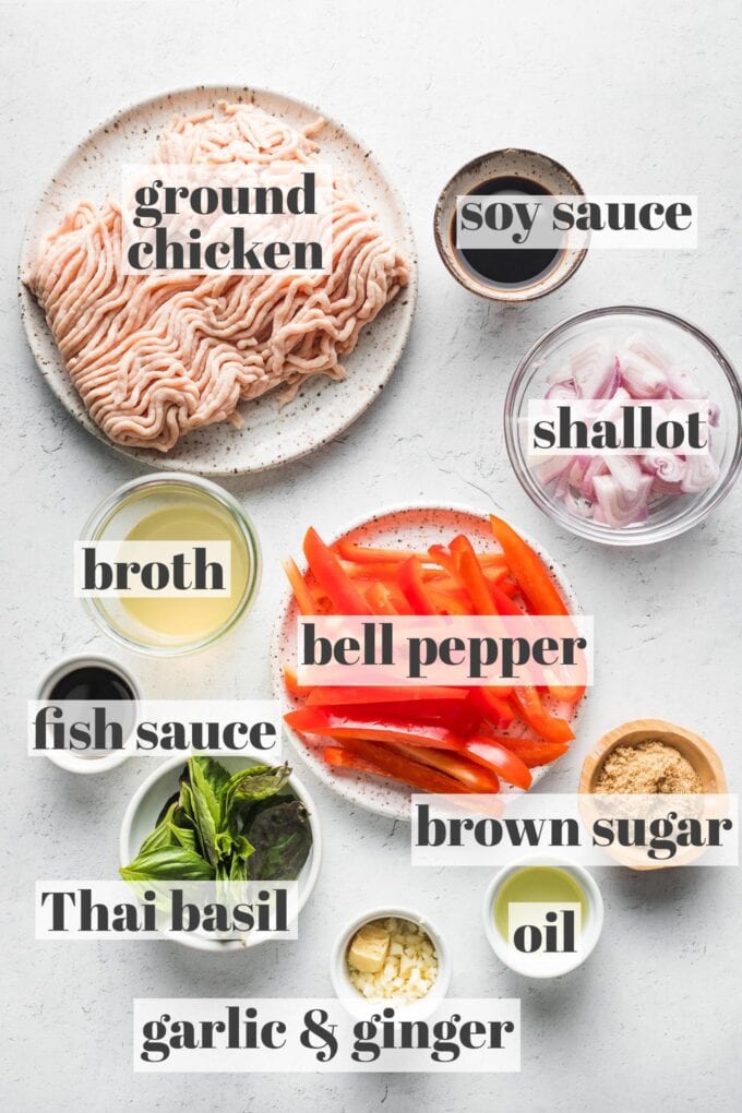 Labeled photo showing ground chicken, soy sauce, fish sauce, ginger, garlic, red pepper, brown sugar, and Thai basil leaves arranged in prep bowls and plates.