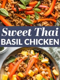 These Sweet Basil Chicken Bowls are inspired by Thai favorite Pad Krapow, but with quick-cooking ground chicken, a sweeter sauce, less chili heat, and fewer specialty ingredients. Kid-friendly and quick enough for a weeknight, these bowls are a recurring favorite here.