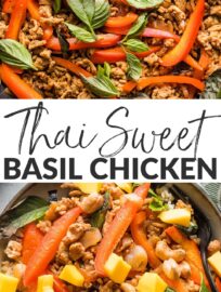 These Sweet Basil Chicken Bowls are inspired by Thai favorite Pad Krapow, but with quick-cooking ground chicken, a sweeter sauce, less chili heat, and fewer specialty ingredients. Kid-friendly and quick enough for a weeknight, these bowls are a recurring favorite here.