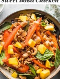 These Sweet Basil Chicken Bowls are inspired by Thai favorite Pad Krapow, but with quick-cooking ground chicken, a sweeter sauce, less chili heat, and fewer specialty ingredients. Kid-friendly and quick enough for a weeknight, these bowls are a recurring favorite here.