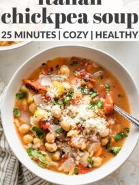 Filled with tender vegetables and cozy orzo, with a zip of Italian seasoning and fresh lemon, this 25-minute chickpea soup recipe is comforting, nutritious, and supremely simple to make. Easily made vegan or gluten-free, as needed.