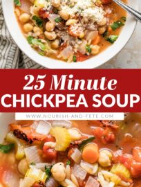 Filled with tender vegetables and cozy orzo, with a zip of Italian seasoning and fresh lemon, this 25-minute chickpea soup recipe is comforting, nutritious, and supremely simple to make. Easily made vegan or gluten-free, as needed.
