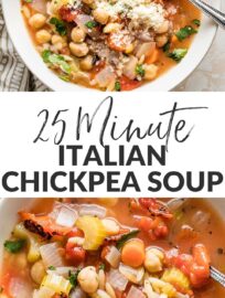 Filled with tender vegetables and cozy orzo, with a zip of Italian seasoning and fresh lemon, this 25-minute chickpea soup recipe is comforting, nutritious, and supremely simple to make. Easily made vegan or gluten-free, as needed.