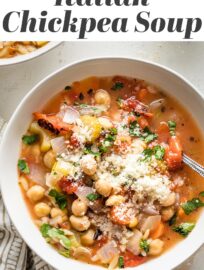 Filled with tender vegetables and cozy orzo, with a zip of Italian seasoning and fresh lemon, this 25-minute chickpea soup recipe is comforting, nutritious, and supremely simple to make. Easily made vegan or gluten-free, as needed.