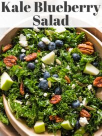 This Kale Blueberry Salad with crunchy pecans and creamy feta takes just minutes to throw together and makes us want to eat our weight in greens. With an easy homemade vinaigrette massaged in to soften the kale, this has all the flavor and texture you need for an any day, everyday salad.