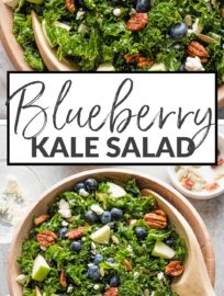 This Kale Blueberry Salad with crunchy pecans and creamy feta takes just minutes to throw together and makes us want to eat our weight in greens. With an easy homemade vinaigrette massaged in to soften the kale, this has all the flavor and texture you need for an any day, everyday salad.