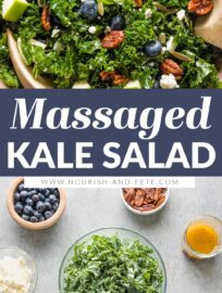 This Kale Blueberry Salad with crunchy pecans and creamy feta takes just minutes to throw together and makes us want to eat our weight in greens. With an easy homemade vinaigrette massaged in to soften the kale, this has all the flavor and texture you need for an any day, everyday salad.