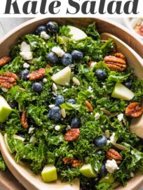 This Kale Blueberry Salad with crunchy pecans and creamy feta takes just minutes to throw together and makes us want to eat our weight in greens. With an easy homemade vinaigrette massaged in to soften the kale, this has all the flavor and texture you need for an any day, everyday salad.