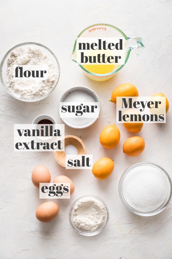 Labeled photo of flour, sugar, vanilla extract, salt, eggs, melted butter, and Meyer lemons in prep bowls.