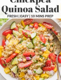 This quick and easy Quinoa Chickpea Salad is packed with vibrant vegetables and creamy chickpeas all tossed in a light lemon vinaigrette. Delicious as-is, this salad is also a fantastic base for adding your favorite extra herbs, beans, or veggies. It's a lovely side or lunch to meal prep.