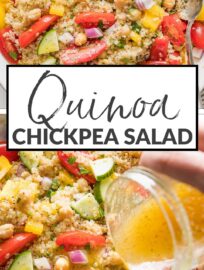 This quick and easy Quinoa Chickpea Salad is packed with vibrant vegetables and creamy chickpeas all tossed in a light lemon vinaigrette. Delicious as-is, this salad is also a fantastic base for adding your favorite extra herbs, beans, or veggies. It's a lovely side or lunch to meal prep.